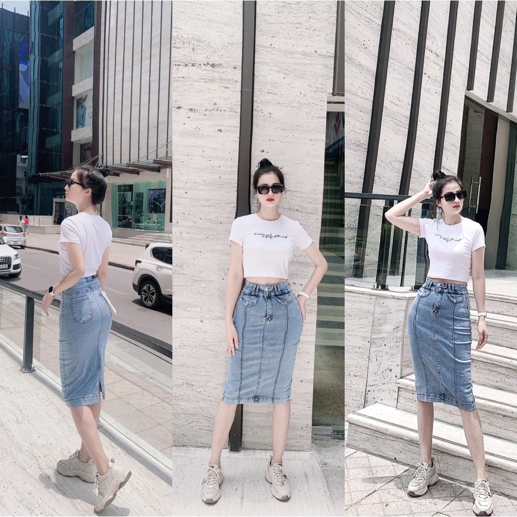 [TH Jeans] Váy bò trơn dáng dài qua gối, váy jeans lưng cao túi chéo phối gân, 2 khuy. Mã V0140