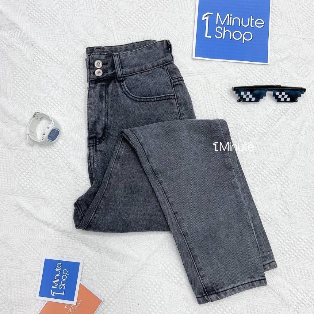 Quần jean baggy nữ lưng cao Đen  - Quần bò baggy lưng cao trơn 1Minute