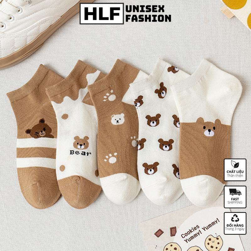 Tất vớ nữ Cotton cổ tròn in gấu nâu, tất vớ cổ ngắn HLFashion