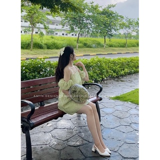 Váy trễ vai xốp kem/xanh cốm/tím