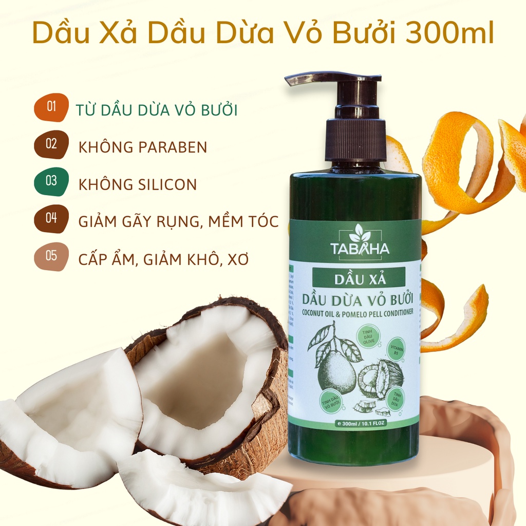 Dầu Xả Dầu Dừa Vỏ Bưởi TABAHA 300ml Dưỡng Ẩm, Phục Hồi Tóc Khô Xơ