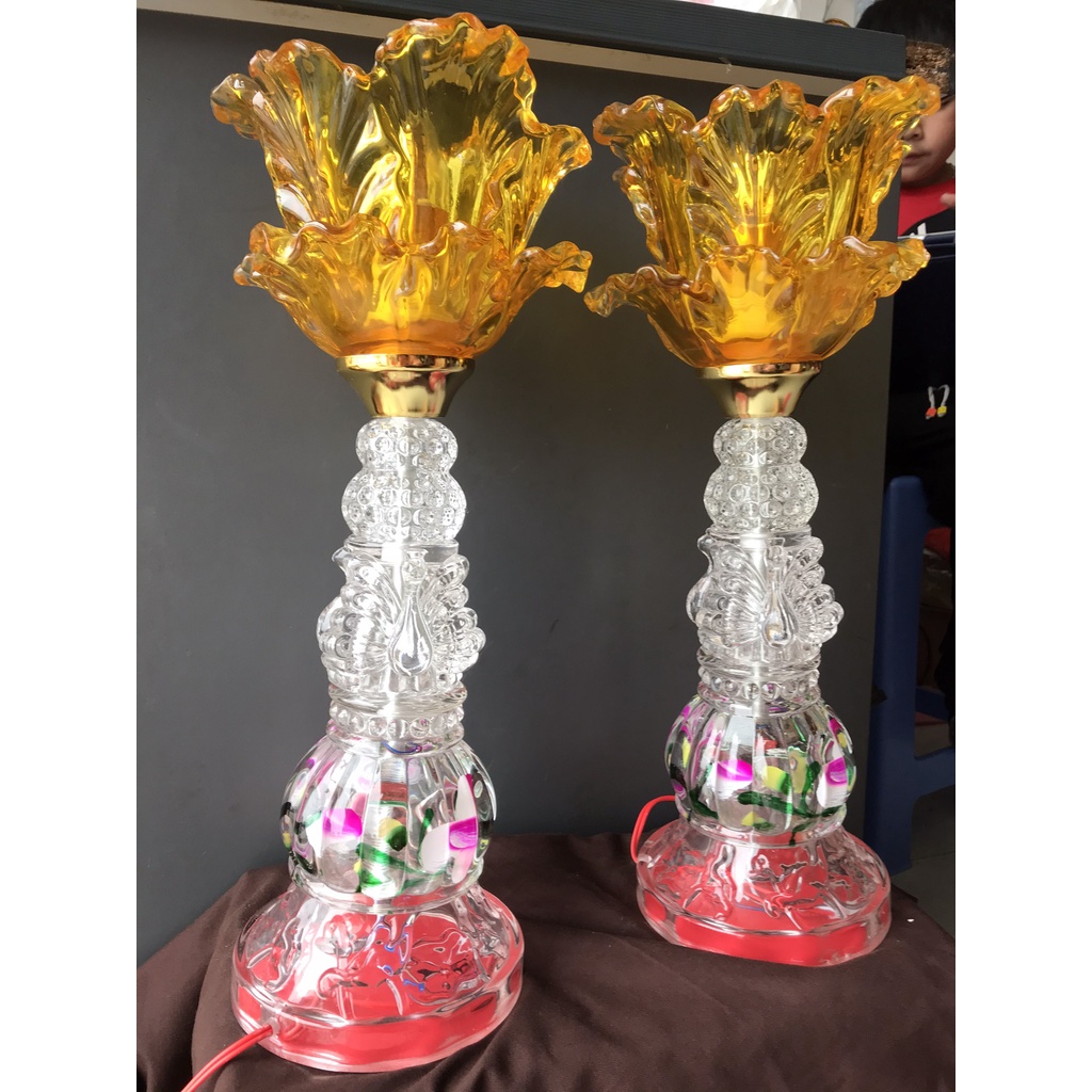 1 đôi Đèn thờ cúng pha lê, Đèn trang trí bàn thờ LED hoa sen 1 bông cao 40cm