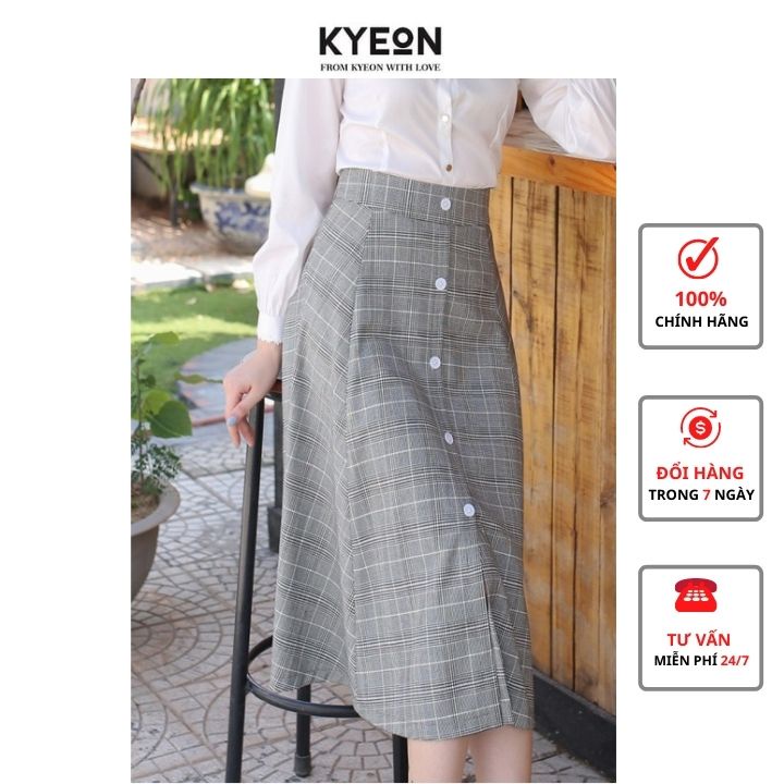 Chân váy thời trang nữ Kyeon cotton kẻ đính khuy trắng thanh lịch KV004