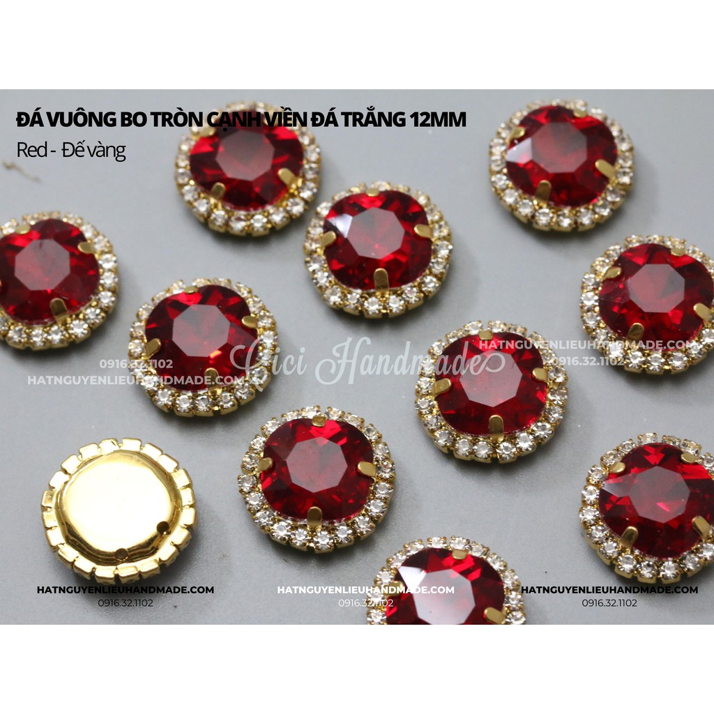 Đá vuông bo tròn cạnh viền đá trắng đế vàng 12mm Cici Handmade chuyên hạt đá hạt pha lê hạt cườm hạt trang sức tự làm