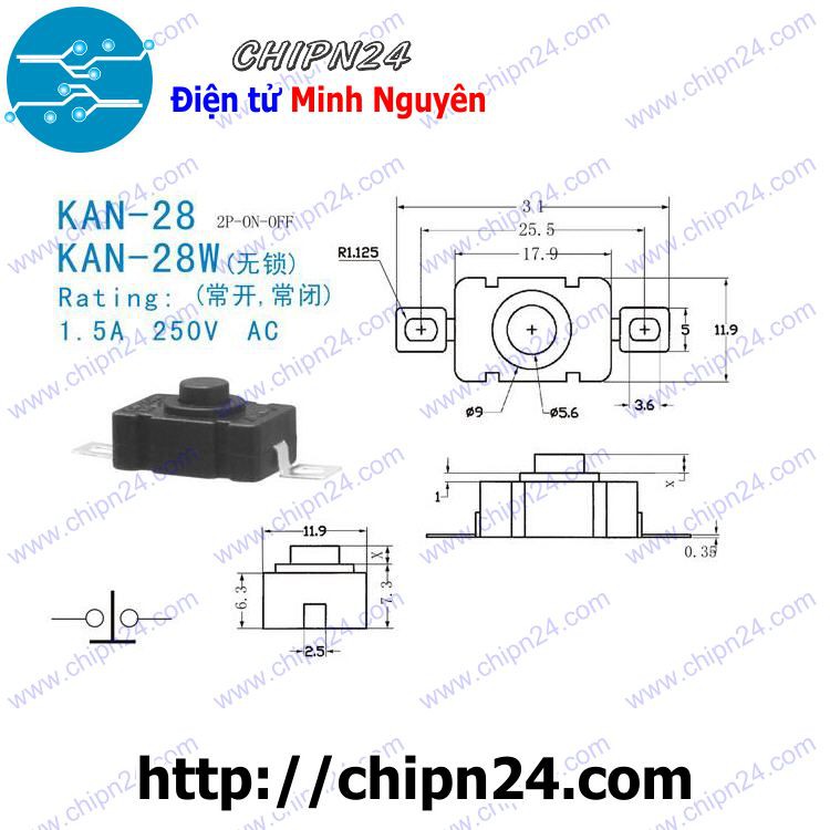 [3 CÁI] Công tắc đèn pin 2P KAN28 (KAN-28 1812 28A) 1.5A 250V