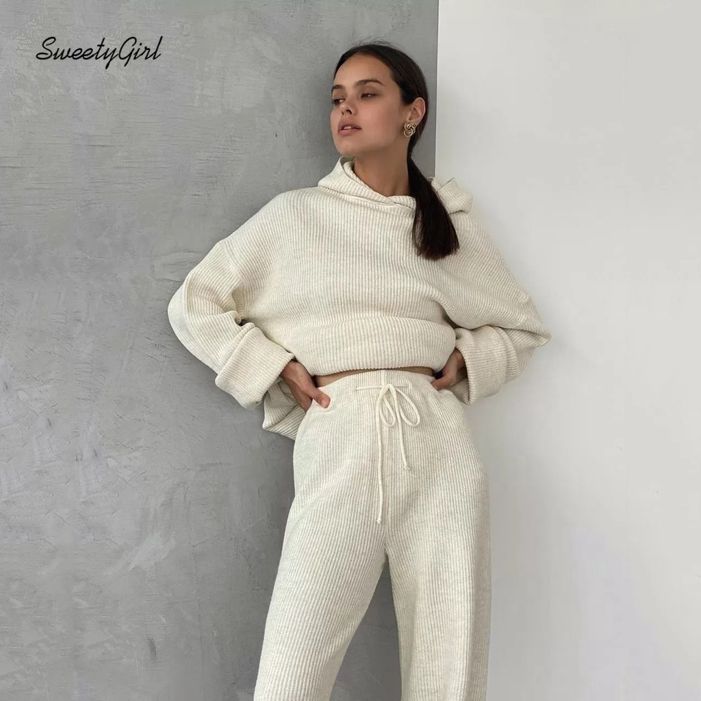 Set Áo Hoodies Có Nón Dài Tay + Quần Dài Ống Rộng Thời Trang Nữ