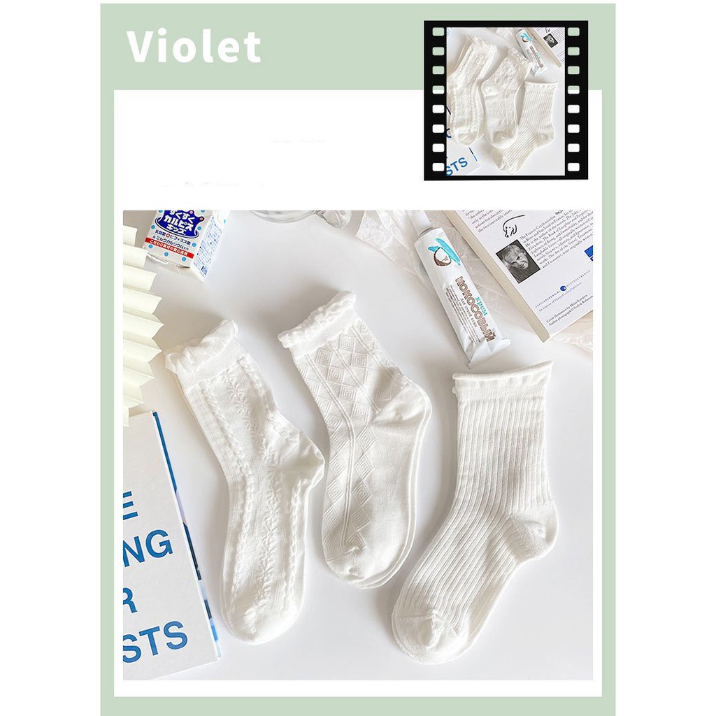 Tất trắng Mivino vớ cổ cao nữ cotton co giãn phối ren bèo dễ thương TN136