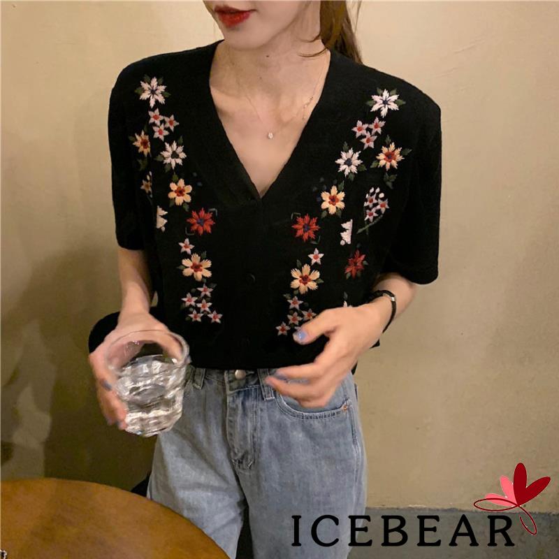 Áo Nữ Ngắn Tay Cổ Chữ V Thêu Hoa Thời Trang