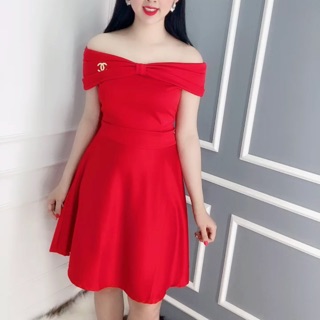 Đầm xoè bẹt vai nơ đỏ kèm tag cn - free size <60kg hình thật 100%