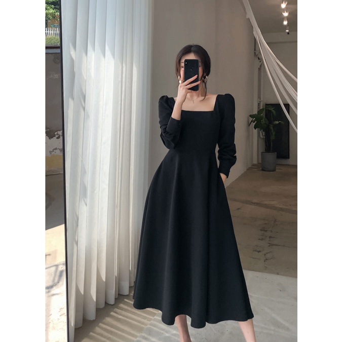 Đầm dài tay cổ vuông thiết kế mới thời trang theo phong cách pháp