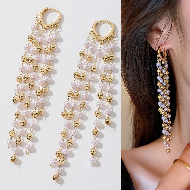 Khuyên Tai Tua Rua Dài Đính Ngọc Trai Sang Trọng Thời Trang Cho Nữ