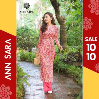 ADL204 - Áo dài lụa vân gỗ hoa nhí đỏ vàng ANN SARA