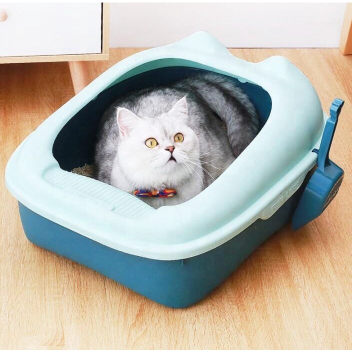 Khay vệ sinh cho mèo hình tai mèo, cứng cáp, tặng kèm xẻng, chậu cát mèo, chậu vệ sinh cho mèo cute