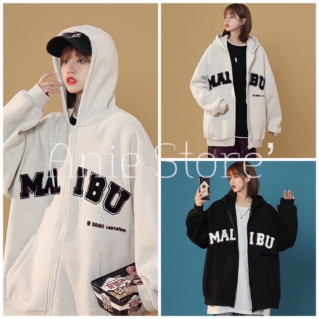 Áo Hoodie Zip Nỉ Ngoại Unisex MALIBU 🦋 Áo Khoác Nỉ Nam Nữ Dáng Thụng In Chữ 2 Màu 🦋