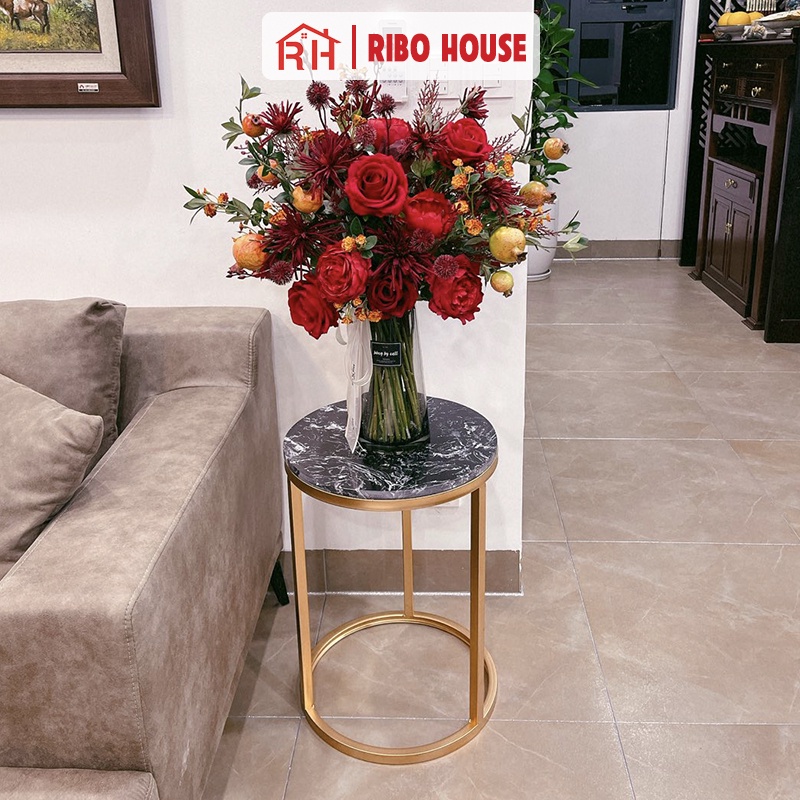 Bàn trà tròn RIBO HOUSE mặt đá hình vân bàn mẫu 1 khung sắt sơn tĩnh điện trang trí phòng khách ban công RIBO91