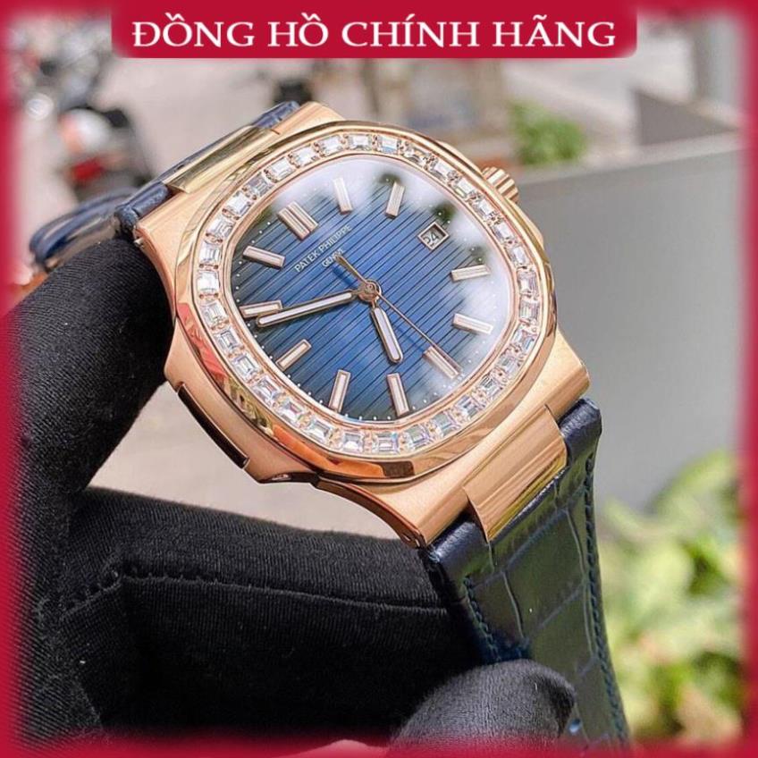 Đồng hồ Nam PPatekk vuông cơ Automatic size 40mm vành đá mặt xanh vỏ vàng gold và vàng hồng dây da Wah