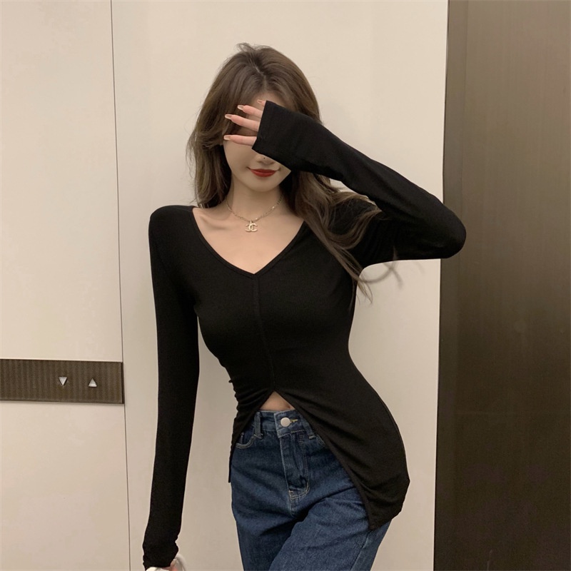 Aó thun tay dài cổ tim xẻ tà chất thun gân-ringushop