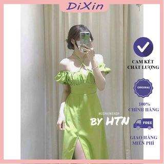 Đầm lụa có mút xẻ tà tay ngắn cổ vuông 2 dây thắt chéo