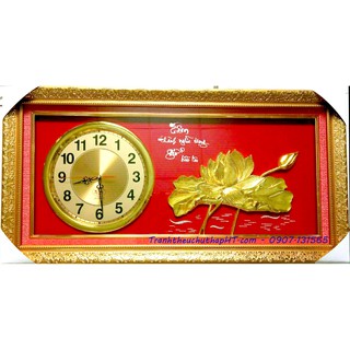 Tranh đồng hồ chữ tâm hoa sen 02