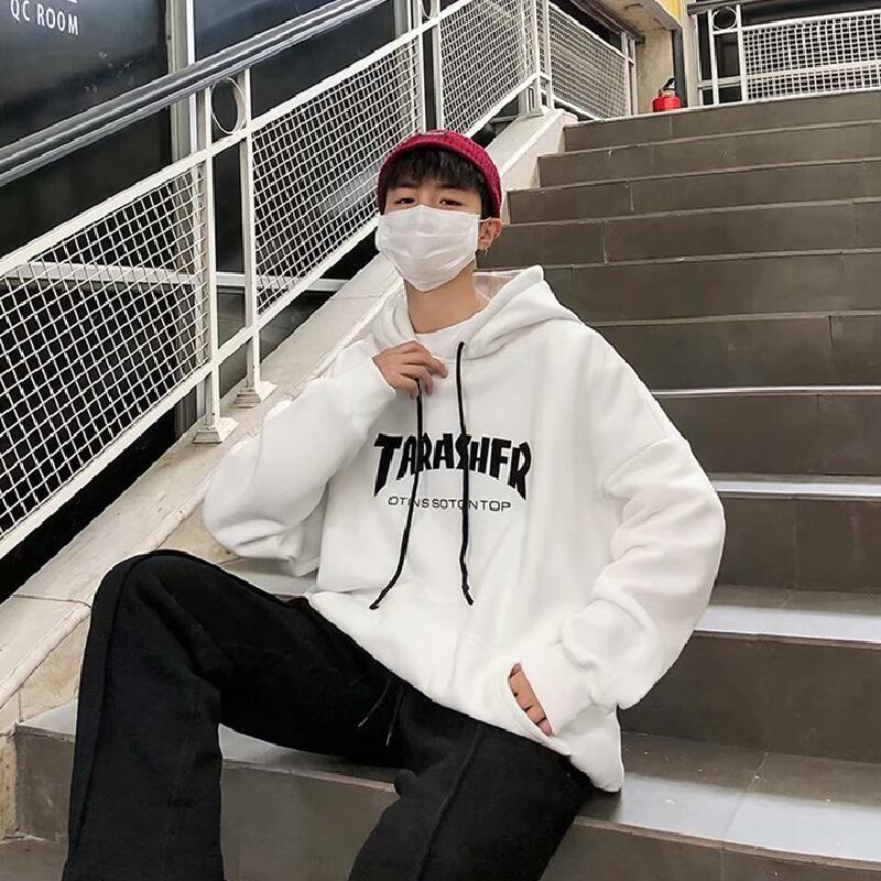 Áo hoodie tay dài dáng rộng in chữ phong cách Nhật Bản thời trang mùa đông cho nam