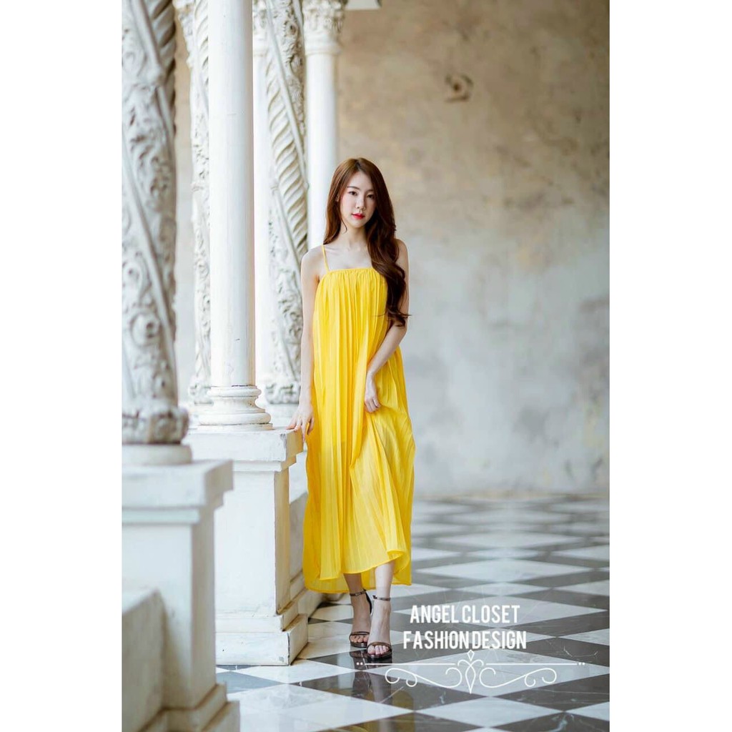 Đầm suông hai dây dáng dài xếp ly, đầm bầu, đầm maxi