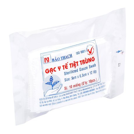 Gạc y tế tiệt trùng 5x12 lớp, chính hãng Bảo Thạch, Bịch 10 túi (Túi/ 10 miếng), băng bó vết thương, làm sạch vết thương