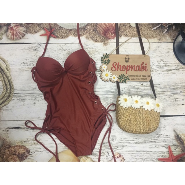 Bikini 1 mảnh mút dày nâng ngực phối nút 2 bên