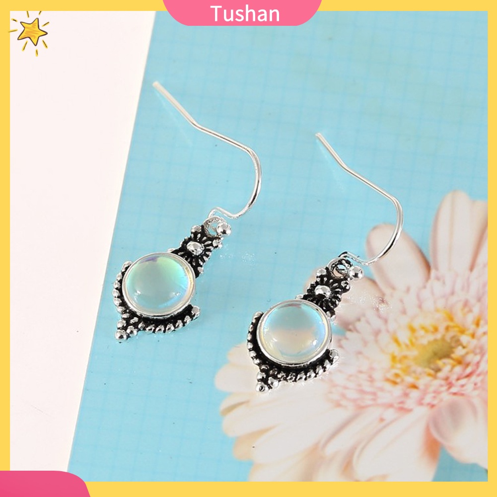TUSH_Vintage Women Rainbow Color Faux Moonstone Gemstone Dangle Hook Earrings Jewelry