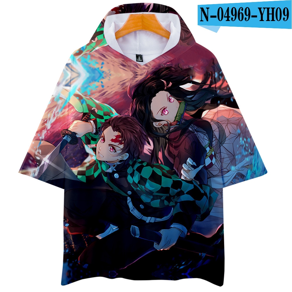 Áo tay ngắn in họa tiết anime có nón trùm đầu thời trang cho nam và nữ Anime Demon Slayer Kimetsu no Yaiba