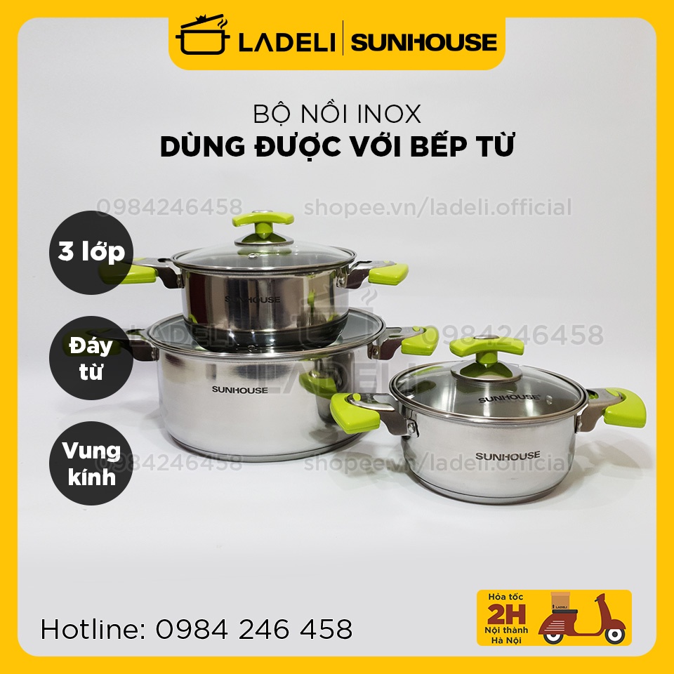 Bộ nồi inox 3 đáy SUNHOUSE SH336 phi 16-18-24cm vung kính đáy từ