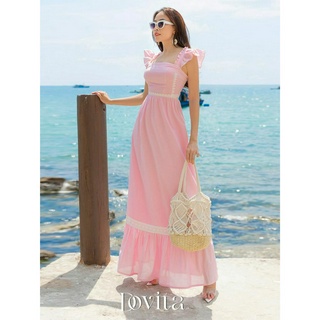Dovita Đầm dài Maxi Kelly Dress #0008 tay cánh tiên phối ren xinh xắn đi biển
