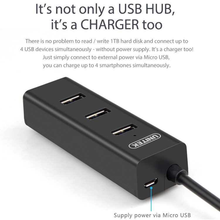 Hub USB 3.1 chia 1 ra 4 Cổng Unitek Y3089 Tích Hơp Chức Năng Sạc - Hãng phân phối