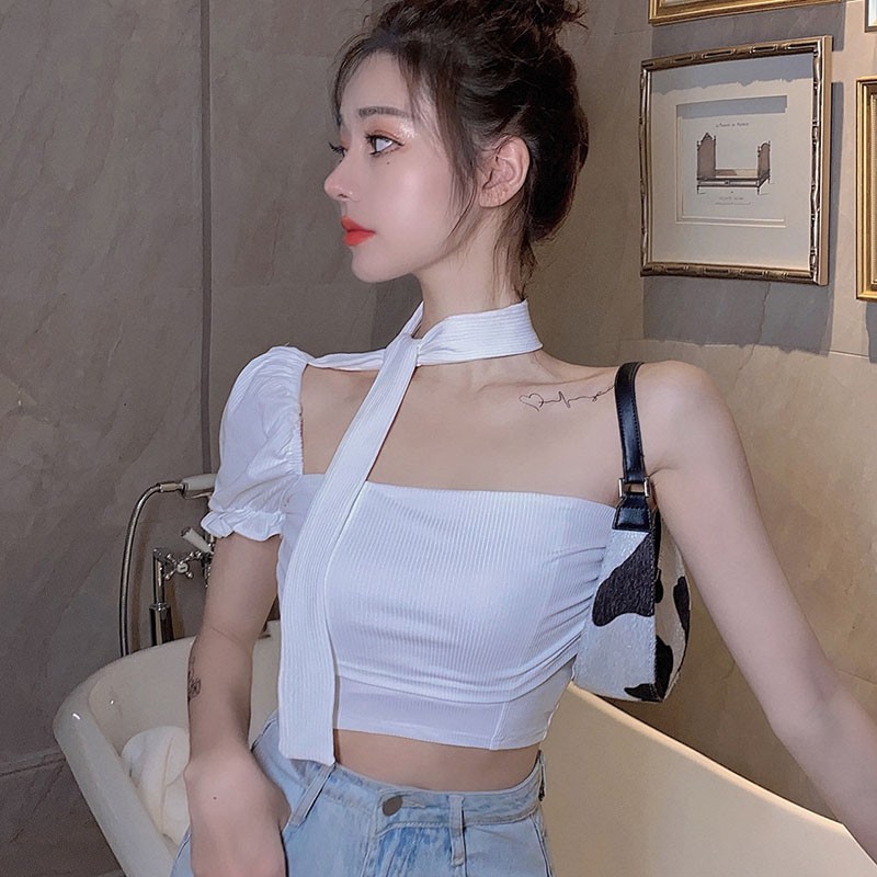Women's Summer One-Shoulder Puff Sleeve Halter Sexy Slim T-shirt