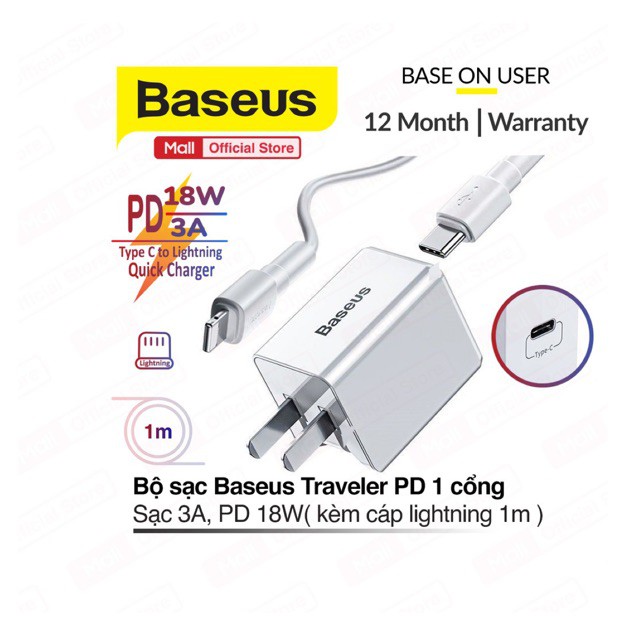 Bộ sạc Baseus Traveler Quick Charger PD 3.0 + PD 18W + Sạc nhanh 3A, chân cắm tiêu chuẩn gấp gọn ( kèm cáp Lightning )