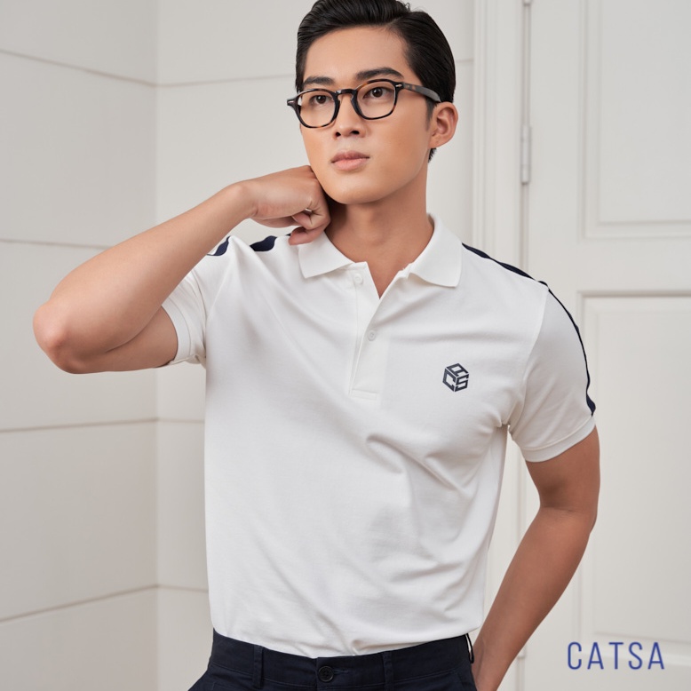 Áo polo nam trắng phối đen thêu logo CATSA thun cotton cao cấp, thoáng mát ATP268