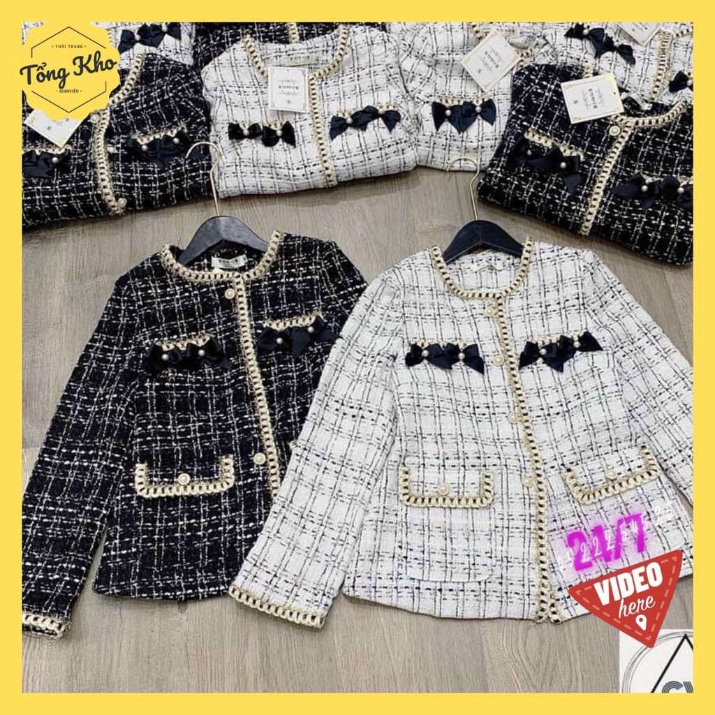 💕Áo khoác dạ tweed, Hoạ tiết nơ túi sang chảnh phong cách Hàn Quốc. Áo khoá dạ phong cách Hàn Quốc