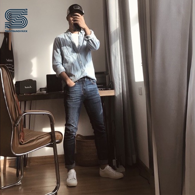 Quần jean nam ống đứng màu xanh đậm basic chất liệu denim cao cấp co giãn Vnline - QJGST933