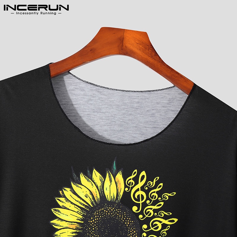 INCERUN Áo Thun Nam Ngắn Tay Cổ Tròn In Hoa