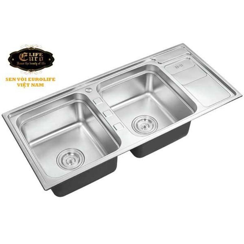 Chậu rửa chén Eurolife EL-C7 (Trắng bạc) + Chậu Inox nhỏ có xả Eurolife C18 (Trắng bạc)