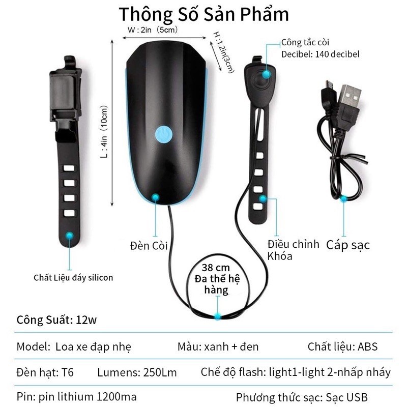 Đèn xe đạp thể thao, đèn Led 3 chế độ siêu sáng còi to sạc USB chống nước