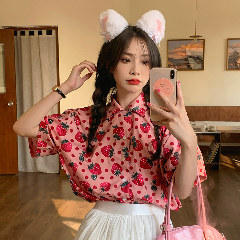 Áo Sơ Mi Nữ Tay Ngắn Dáng Rộng In Hình Quả Dâu Phong Cách Hàn Quốc