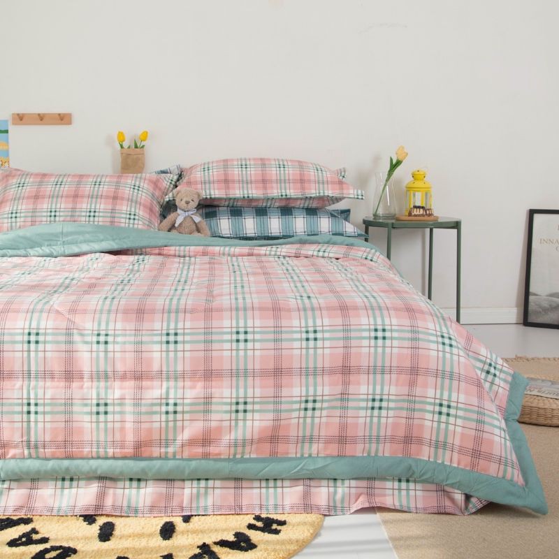 Bộ Chăn Ga Gối Đũi Caro Chăn Chần Hè. Chăn Ga Nhập Khẩu Phong Cách Hàn Quốc