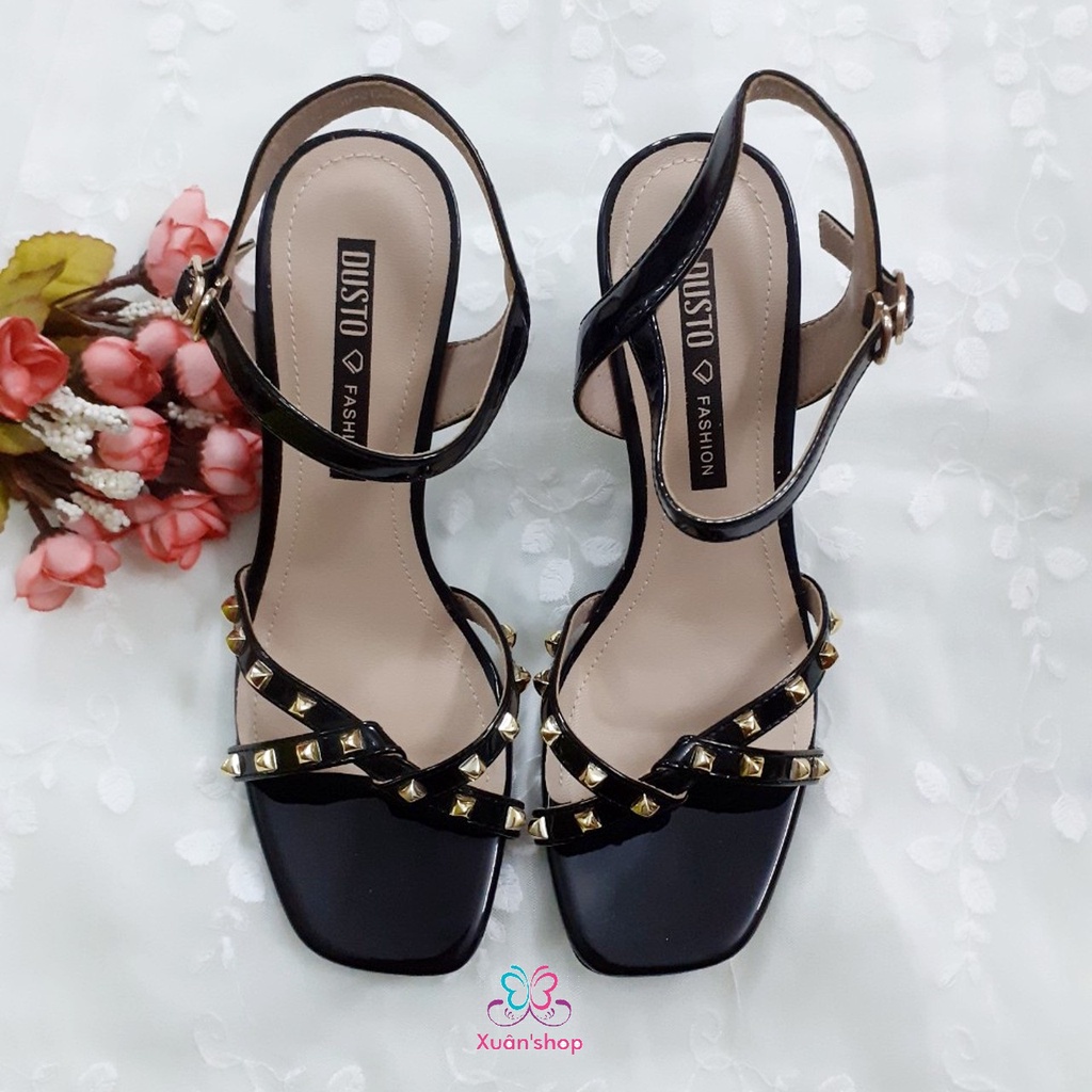 Giày sandal Dusto quai chéo, chất da bóng, gót 7cm (có sẵn)