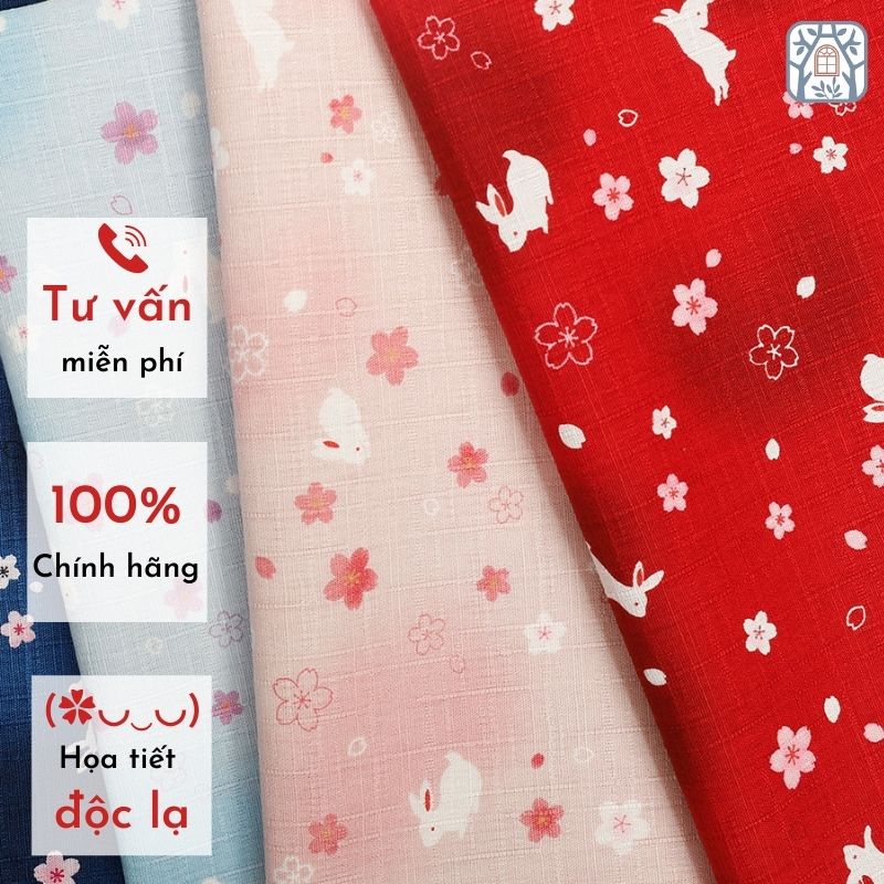 JHF-10 Vải cotton 100% tự nhiên🍒JHF🍒khổ vải 110cm, thỏ ngọc và hoa nhí - vải đẹp handmade, quilt, may quần áo