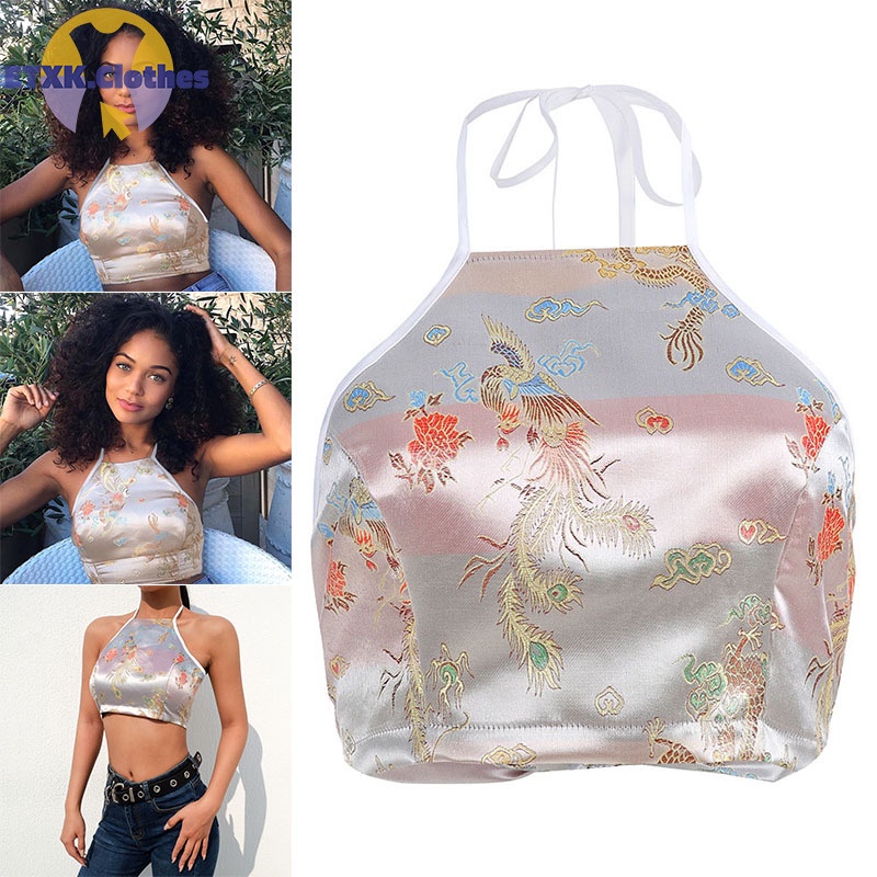 Áo Croptop Sát Nách Hở Lưng Thêu Hình Rồng Phượng Hoàng Phong Cách Trung Hoa Cho Nữ