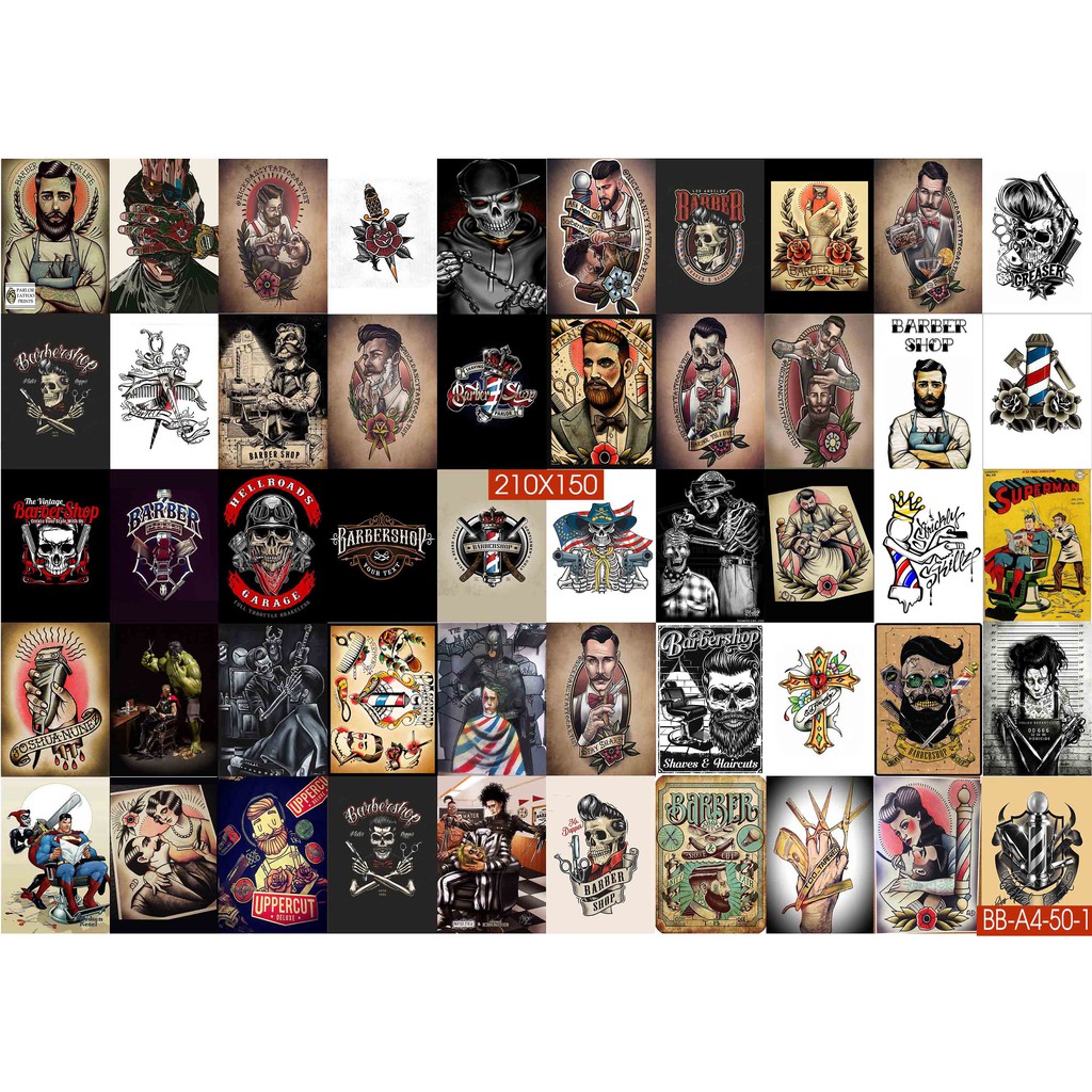 Combo Set 50 tờ Decal dán tường Quán Cắt Tóc Baber Cao Cấp Không Bay Màu A3,A4,A5