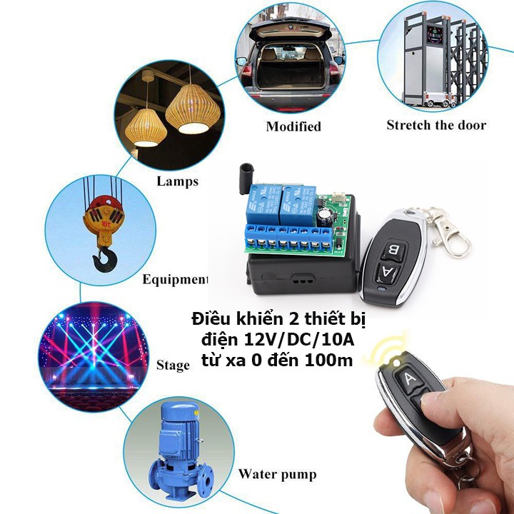 Công tắc điều khiển từ xa 2 cổng ra 12V/DC/10A điều khiển tắt mở 2 thiết bị điện 1 chiều 12v độc lập