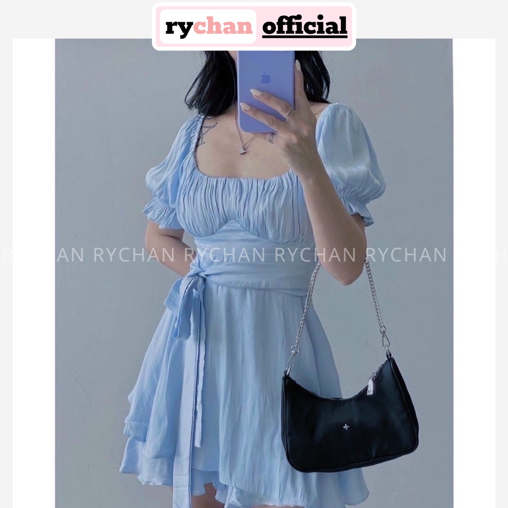 Đầm Váy Nữ Dự Tiệc Trễ Vai Nhúng Ngực Thắt Nơ Eo Đuôi 2 Tà Dày Dặn Màu Trắng Đen Xanh [ẢNH THẬT CUỐI] - DX9840