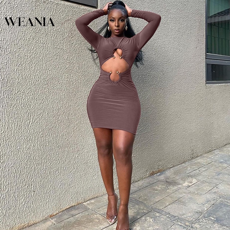 Đầm tay dài WEANIA cổ tròn dáng ôm phong cách thời trang đường phố