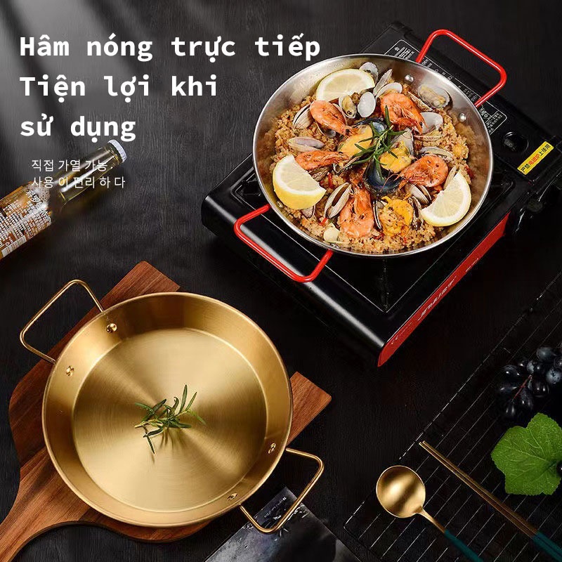 Khay hải sản Hàn Quốc khay đáy bằng chất liệu inox khay đựng cơm chiên khay đựng gà chiên hai quai khay đựng Mỳ Ý Salad khay màu vàng kim khay đa năng